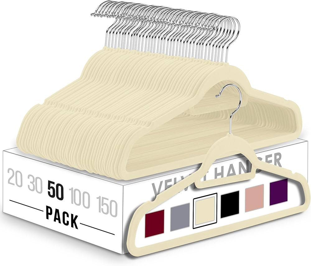 Utopia Home Premium Velvet Hangers 50 Pack - Non-Slip Clothes Hangers with Tie Bar - Ivory Hanger... | Amazon (US)