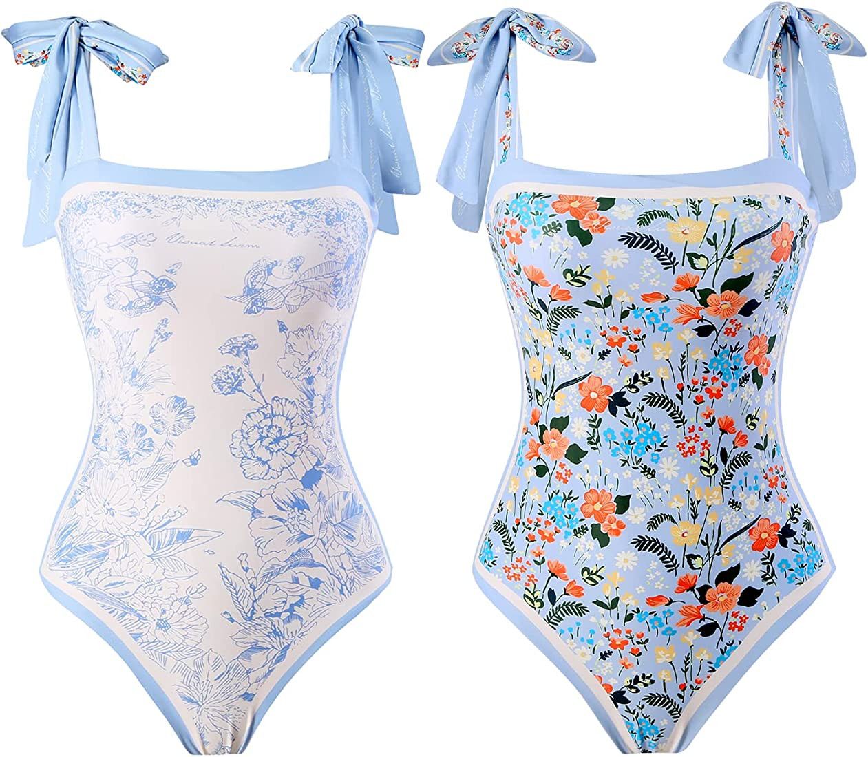 WREWING Women Floral One Piece Swimsuits,Reversible Tie Shoulder Monokini,Tummy Control Bathing S... | Amazon (US)