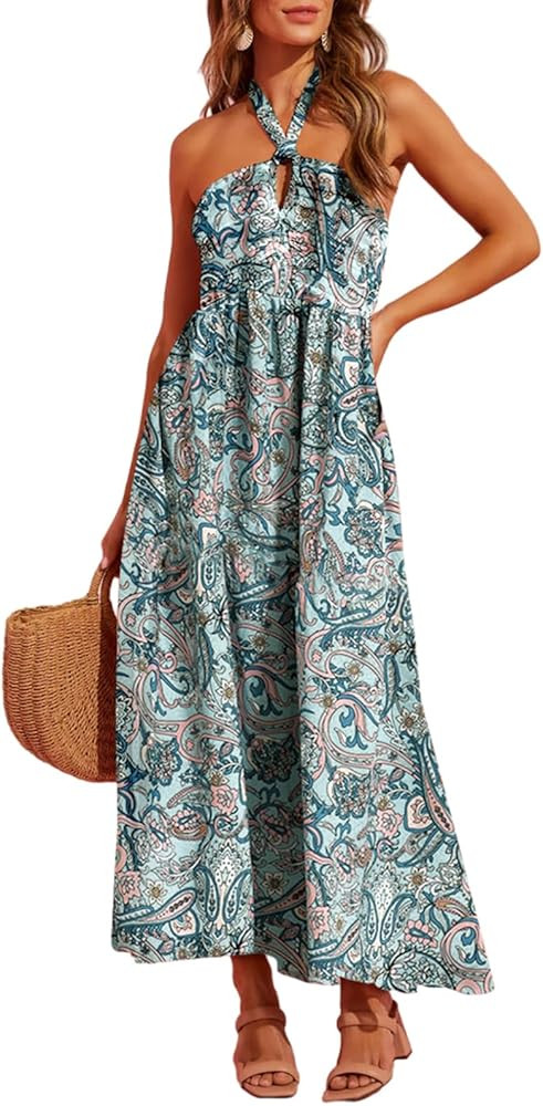 Dokotoo Women's Summer Dresses Halter Neck Sleeveless Backless Flowy A Line Boho Maxi Dress | Amazon (US)