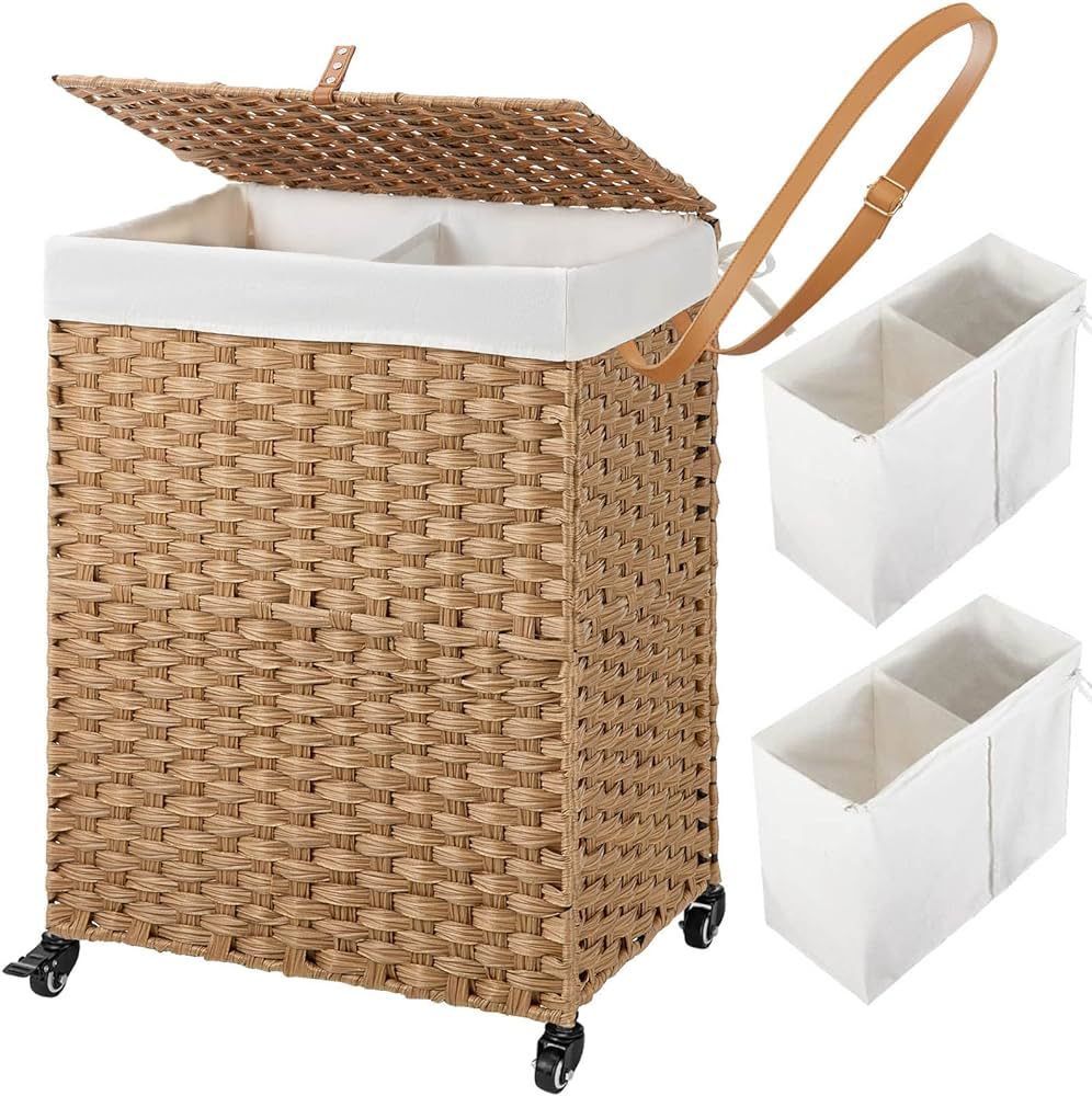 GREENSTELL Laundry Hamper with Wheels, No Install Needed, 90L Divided Handwoven Hampers & 2 Remov... | Amazon (US)