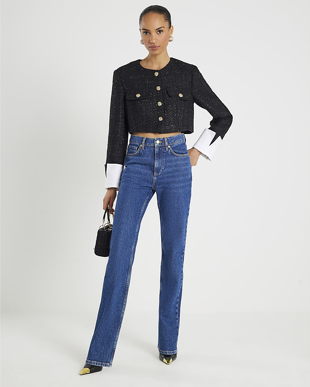 Black Boucle Cropped Hybrid Jacket | River Island UK & IE