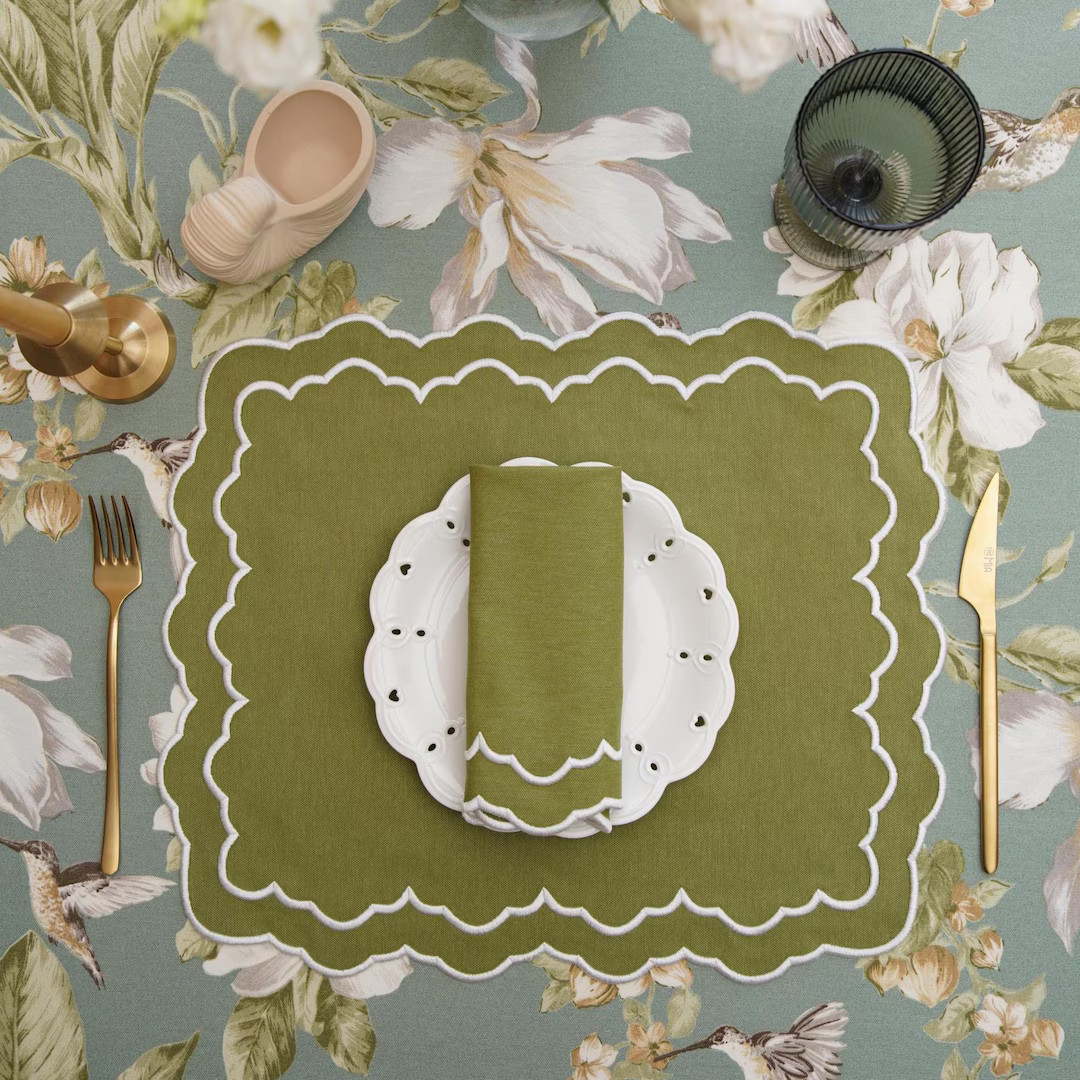 Elara Green Fabric Placemat & Napkin Set – Handmade Embroidered Table Linen With White Embroide... | Etsy (US)