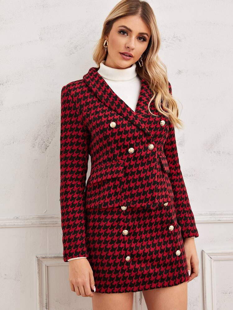 Double Button Houndstooth Blazer & Skirt Set | SHEIN