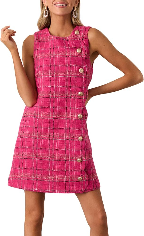 Plaid Sleeveless Tweed Mini Dress Womens Round Neck Petal Jackie Dress Elegant Party Cocktail Dre... | Amazon (US)
