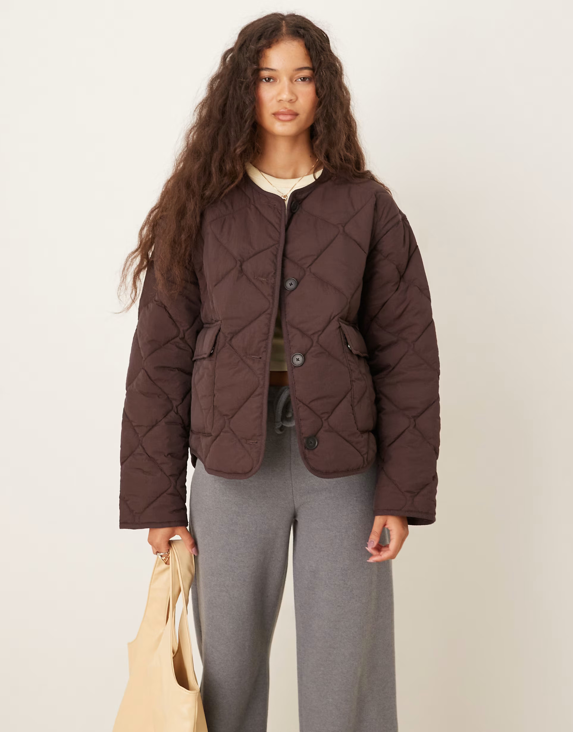 Gina Tricot quilted jacket with front flap pockets in brown | ASOS | ASOS (Global)