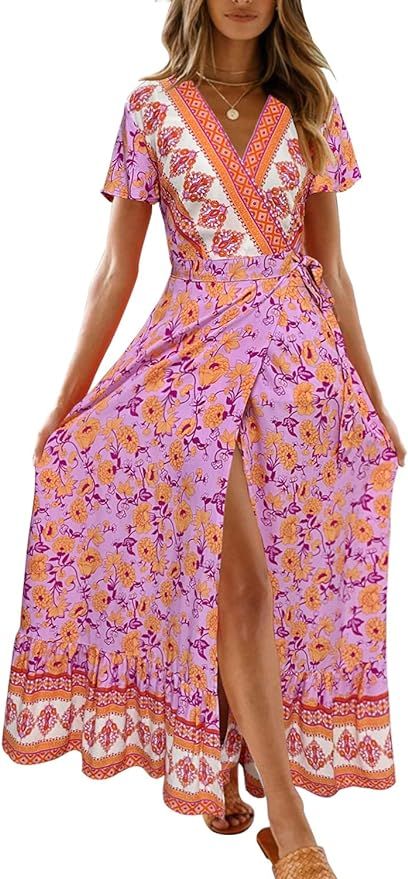 ZESICA Women's Bohemian Floral Printed Wrap V Neck Short Sleeve Split Beach Party Maxi Dress | Amazon (US)