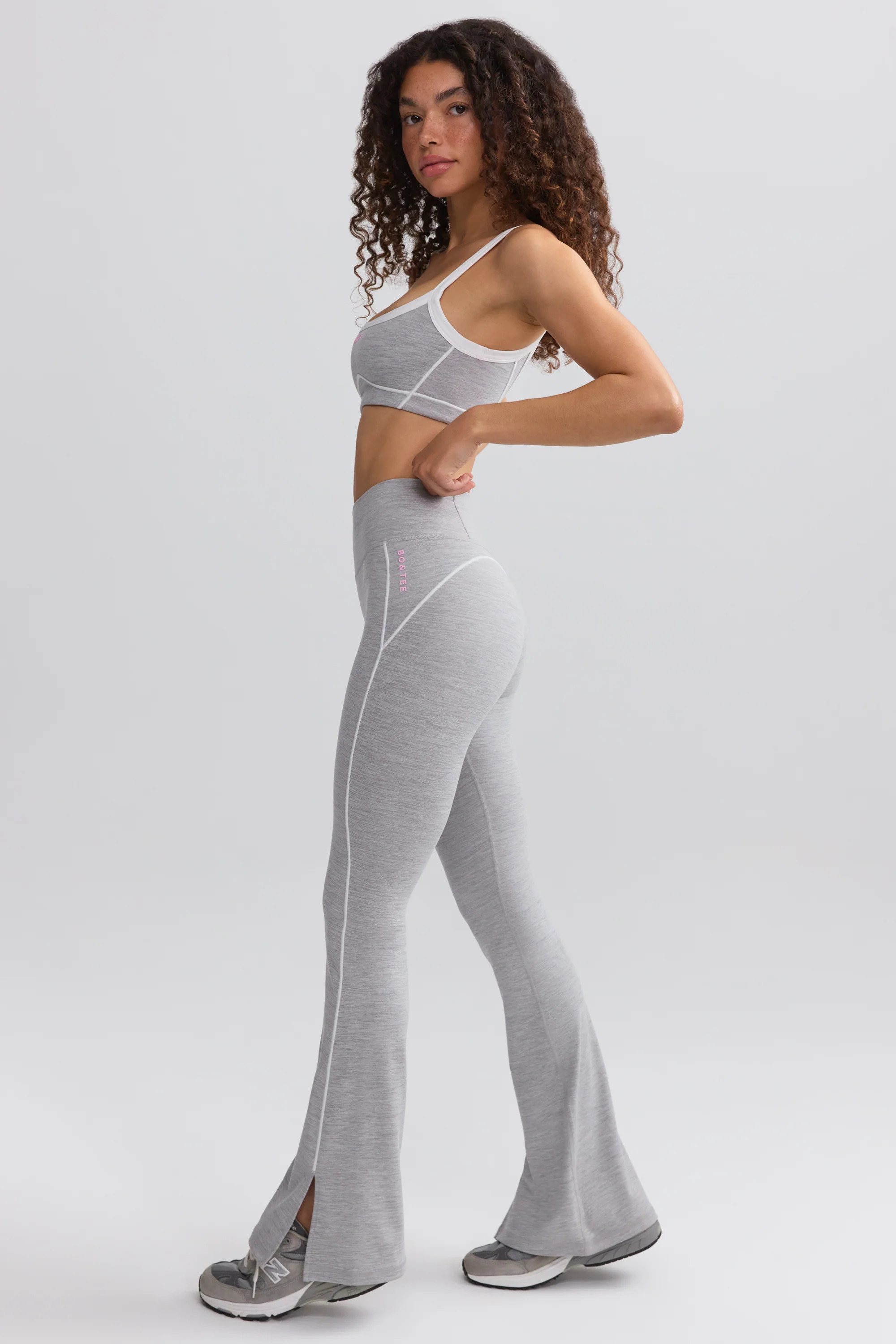 Soft Active Contrast-Trim Flared Trousers in Ice Grey | Bo&Tee
