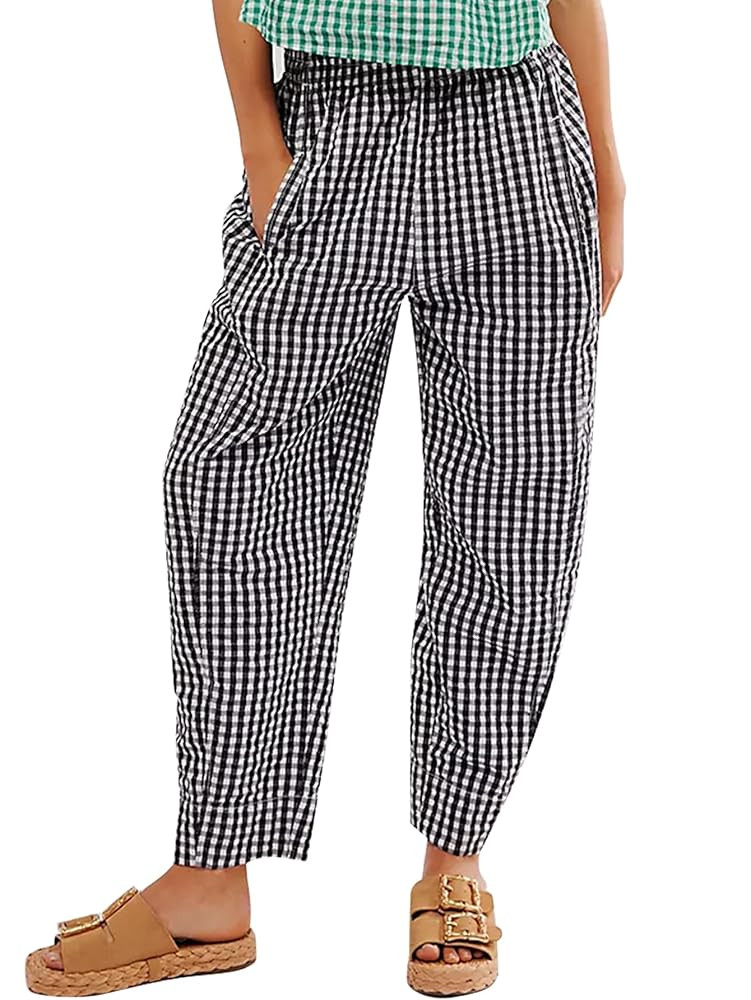Women's Plaid Pant Gingham Lounge Pants Wide Leg Mid Rise Elastic Waist Checkered Long Trousers w... | Amazon (US)