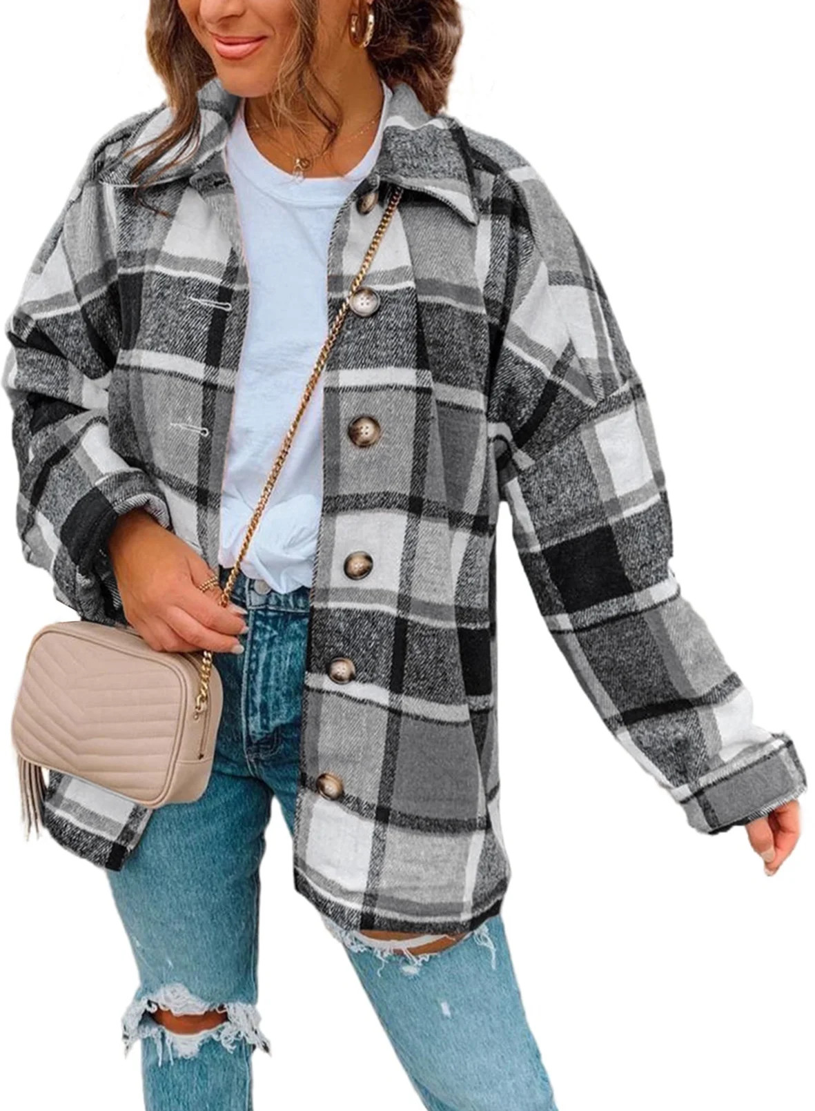Dokotoo Women's Gray Casual Plaid Button Down Lapel Collar Shirt Jacket for Women Long Sleeve Sha... | Walmart (US)