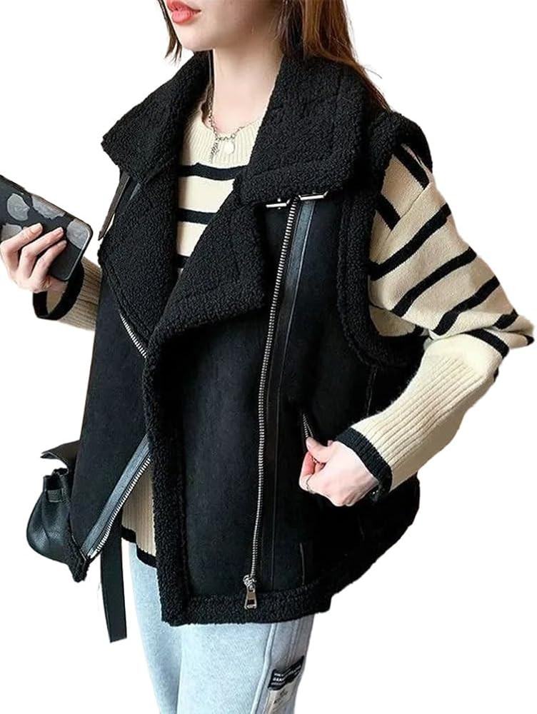 Mywinway Women Suede Sherpa Lined Leather Jacket Vest 2024 Fall Winter Zip Up Sleeveless Lambswoo... | Amazon (US)