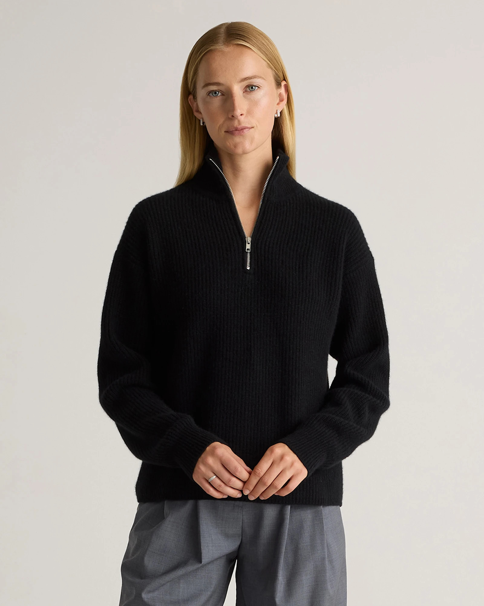 Quince | Women's Mongolian Cashmere Fisherman Quarter Zip Sweater in Ivory, Size Large | Quince