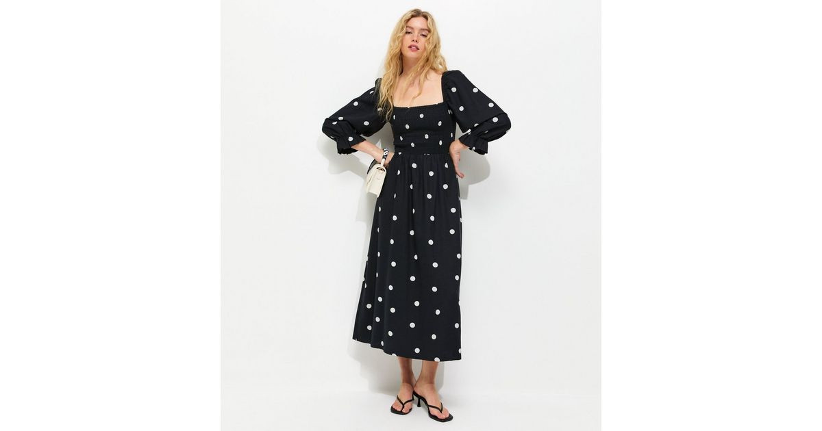 Black Polka Dot Shirred Cropped Sleeve Midi Dress | New Look | New Look (UK)