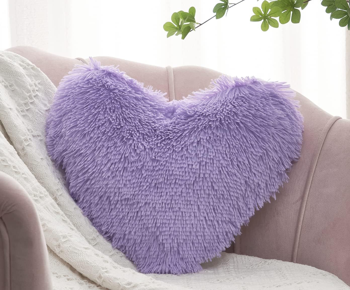 MOOWOO Valentines Day Decor,Purple Fluffy Heart Pillow with Pillow Cover and Insert, Faux Fur Thr... | Amazon (US)