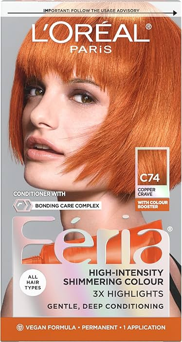 L'Oreal Paris Feria Multi-Faceted Shimmering Permanent Hair Color, C74 Copper Crave (Intense Copp... | Amazon (US)