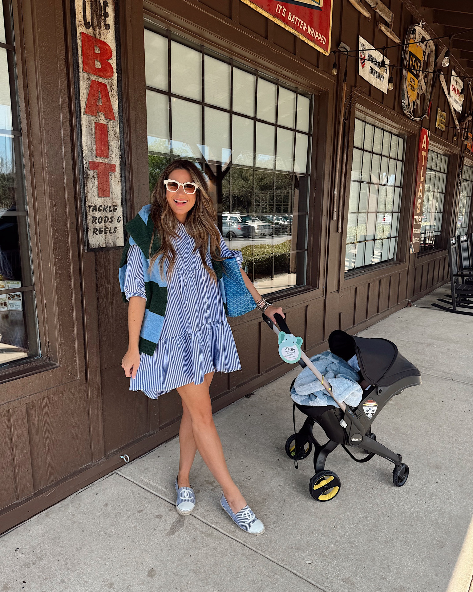 In a small button down tiered shirt dress, medium stripe sweater and accessories- fits tts.

#LTKBaby #LTKFindsUnder50 #LTKStyleTip