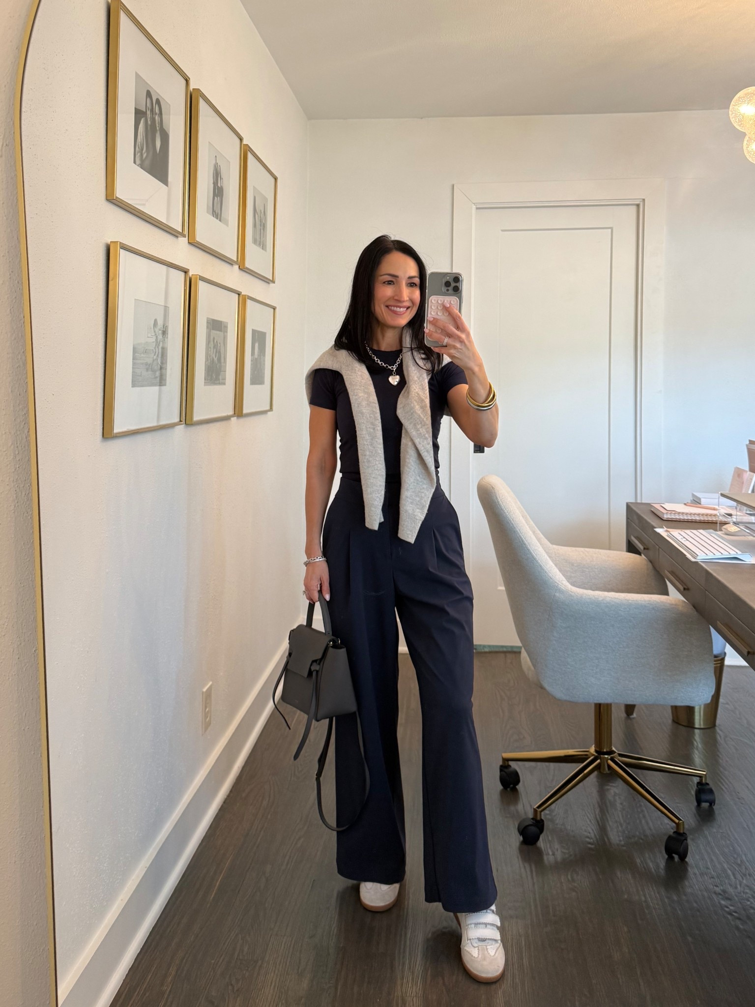 Ootd for podcast recording and errands✨fave athleta trousers and tee, anthro sneakers, quince sweater, Allie + Bess heart necklace + bracelet (code duo20 for 20% off) 

#LTKPetite #LTKdayinmylife #LTKOver40