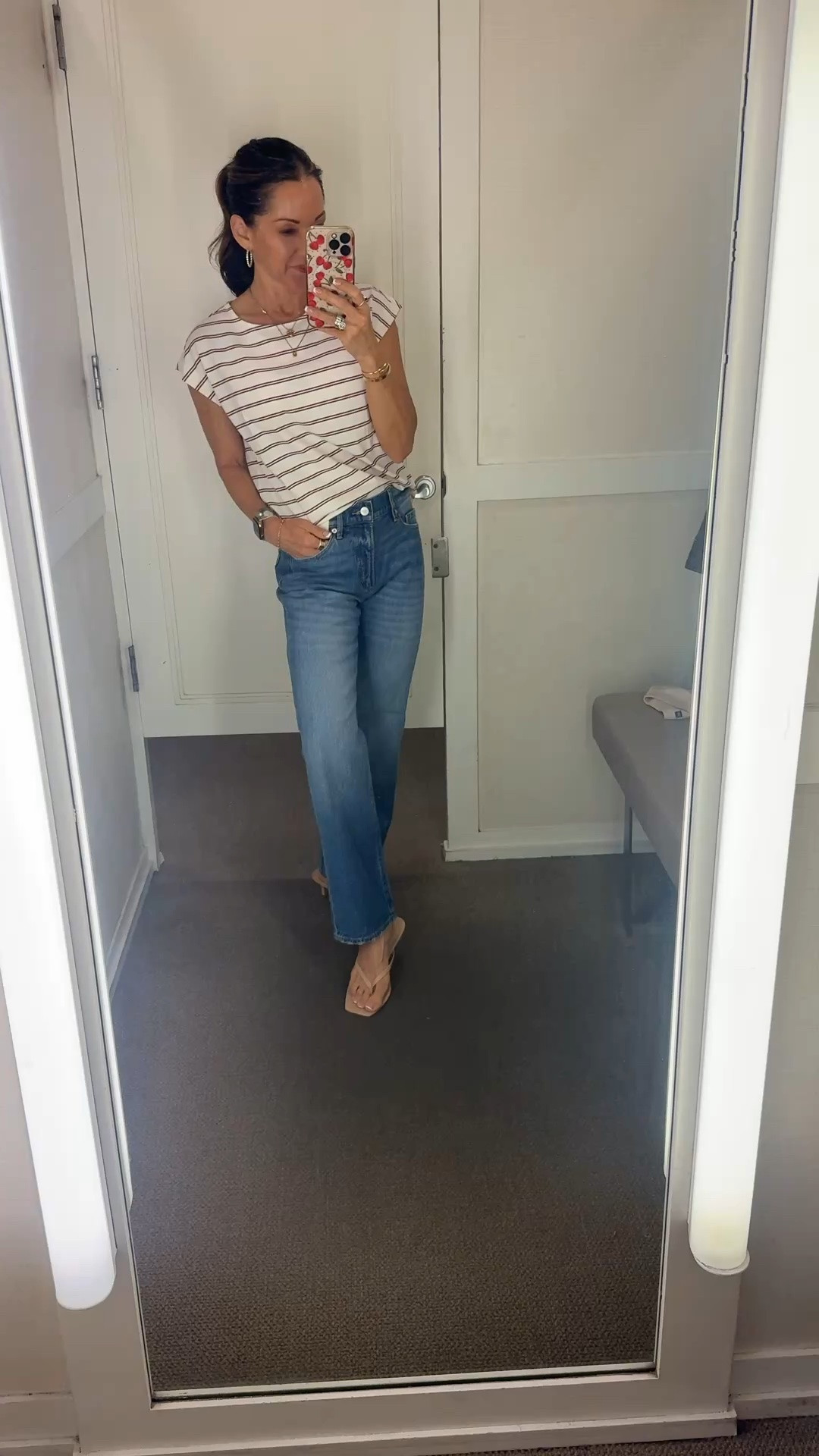 50% off plus an additional 20% off sitewide!
Mid rise straight leg, relaxed jeans and petite regular and tall. For reference I’m 5’1” 106 pounds wearing size 24 petite.  These are just slightly loose in the waist on me other than that they fit great. The top is sold out in this color way, but I linked the blue version. I’m wearing the size extra small petite.  
￼

#LTKOver40 #LTKSaleAlert #LTKPetite