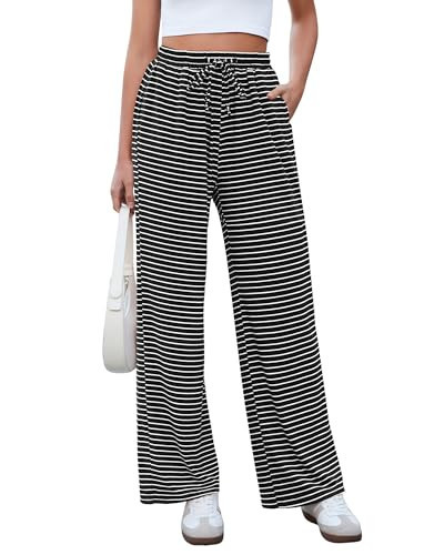 GRAPENT Womens Casual Pants with Pockets Trendy Women 2025 Plus Size High Waisted Pull On Wide Legged Pin Striped Striped Pants, White Stripe, 2XL, US Size 20 to 22 | Amazon (US)