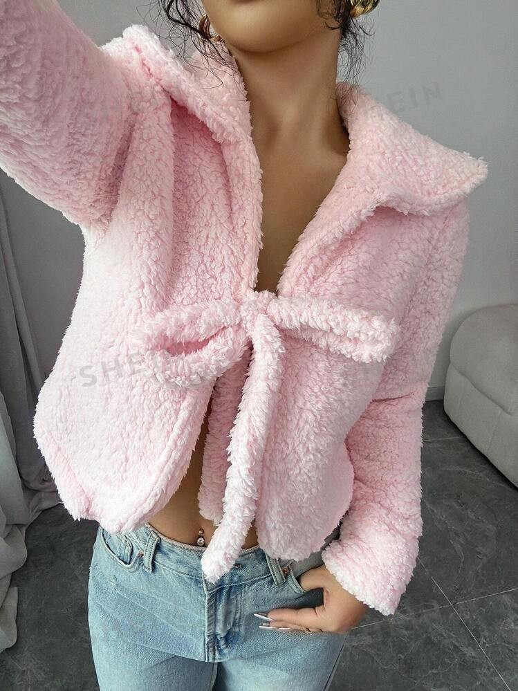 TrendsSHEIN Frenchy 1pc Stylish Pink Faux Shearling Collar Bow Tie Cuff Long Sleeve Jacket | SHEIN