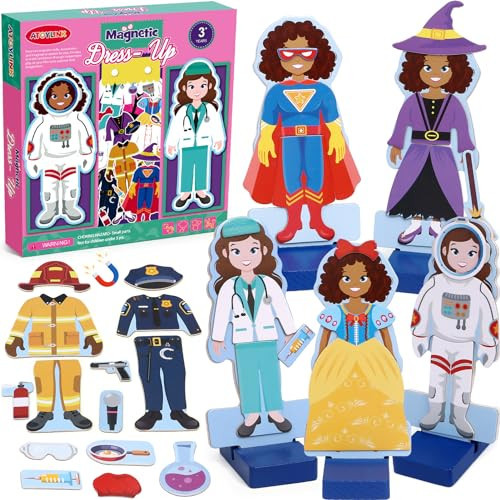 Atoylink Wooden Magnetic Dress up Dolls for Girls Pretend Play Set, Princess/Witch/Occupations Community Helpers Matching Games Fashion Paper Dolls for Toddlers Preschool Learning Toys Gifts | Amazon (US)