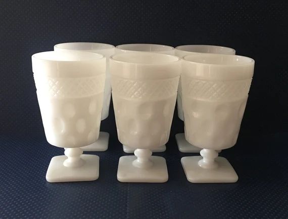 Set 6 vintage milk glass pedestal thumbprint bubble Mckee opal goblet/Collectible glass/Farmhouse... | Etsy (US)