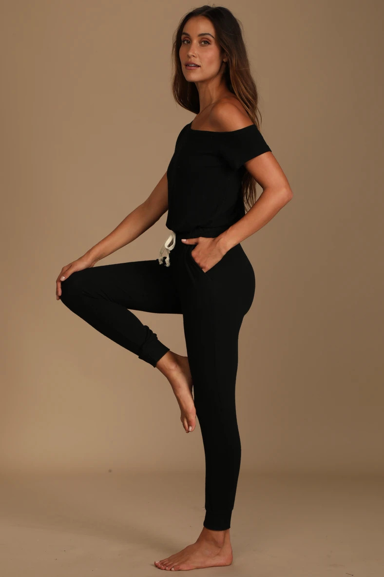 Relaxing Weekend Black Off-the-Shoulder Lounge Jumpsuit | Lulus (US)