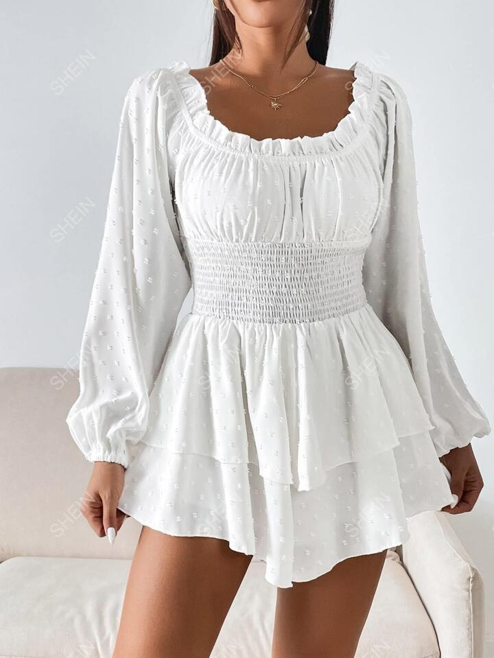 SHEIN VCAY Swiss Dot Lantern Sleeve Shirred Two Layer Hem Chiffon Romper | SHEIN