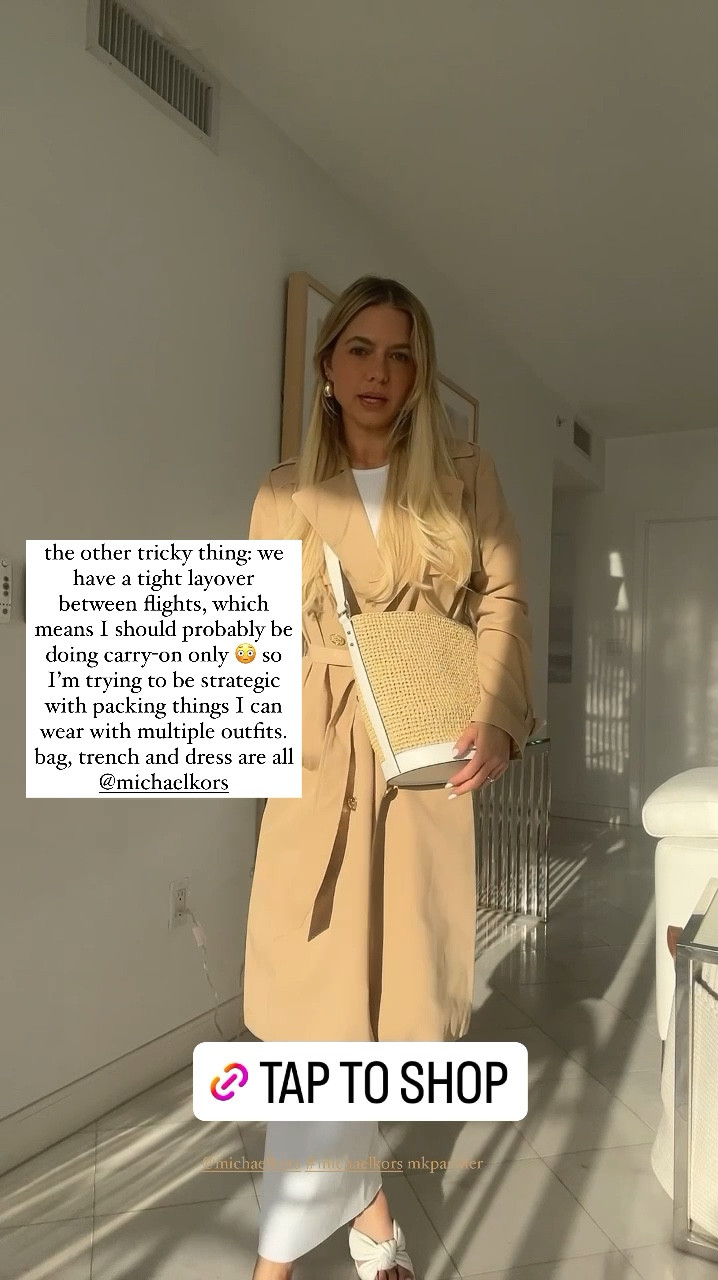 the other tricky thing: we have a tight layover between flights, which means I should probably be doing carry-on only
so I'm trying to be strategic with packing things i can wear with multiple outfits. bag, trench and dress are all @michaelkors mkpartner #michaelkors