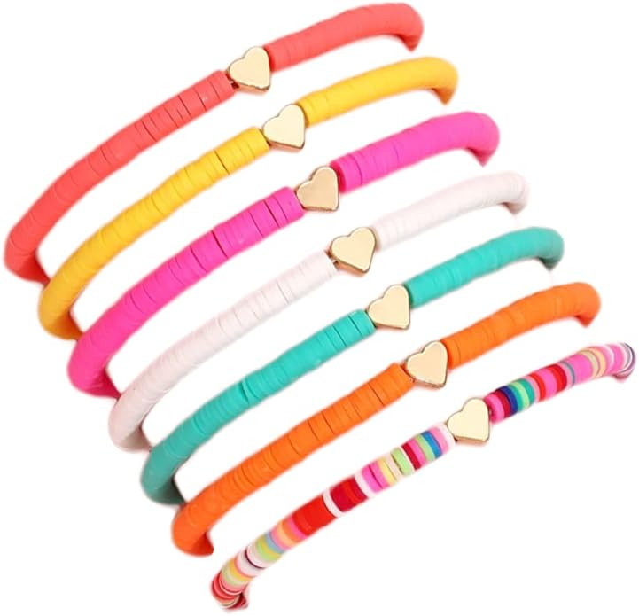 COLORFUL BLING 6Pcs/Pack Gold Beaded Bracelet Rainbow Vinyl Disc Ball Srting Stretch Heart Shaped... | Amazon (US)