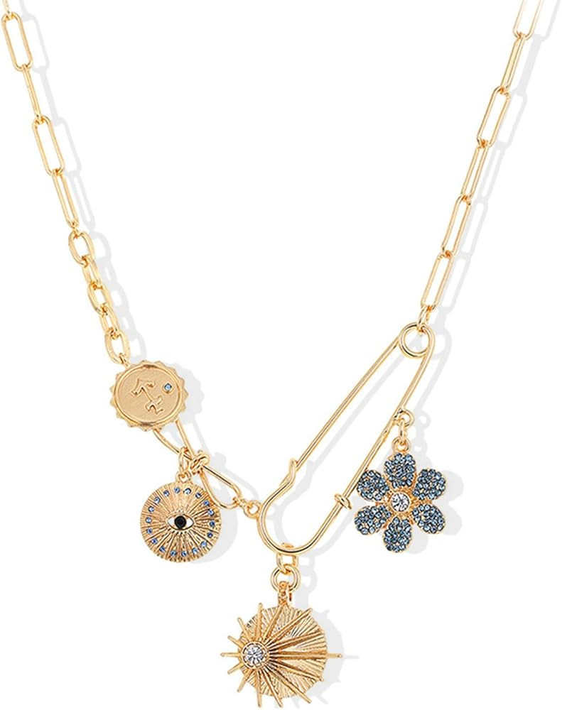 JAVARNV Charm Necklace for Women Trendy Gold Charm Necklace Paperclip Necklace Evil Eye Pendant N... | Amazon (US)