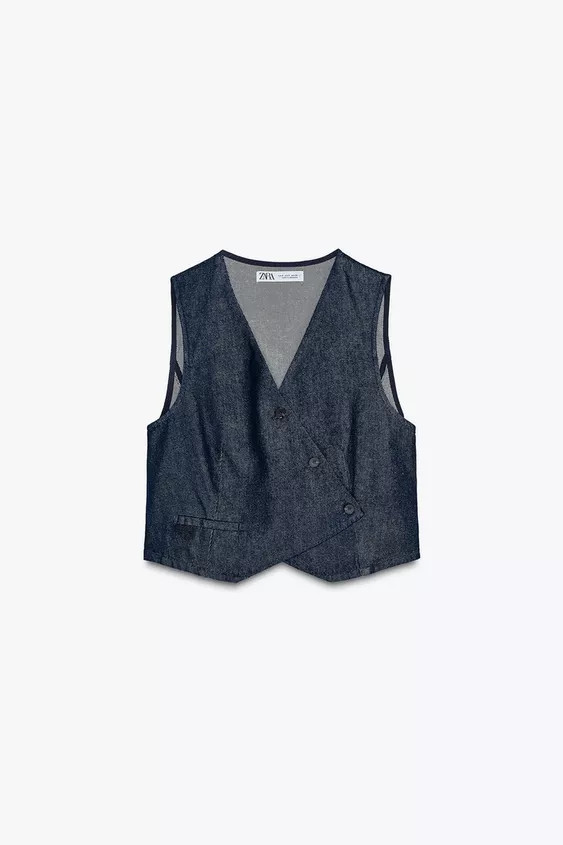 Double-breasted denim vest with V-neck. Front faux welt pockets. Front button closure. | Zara US