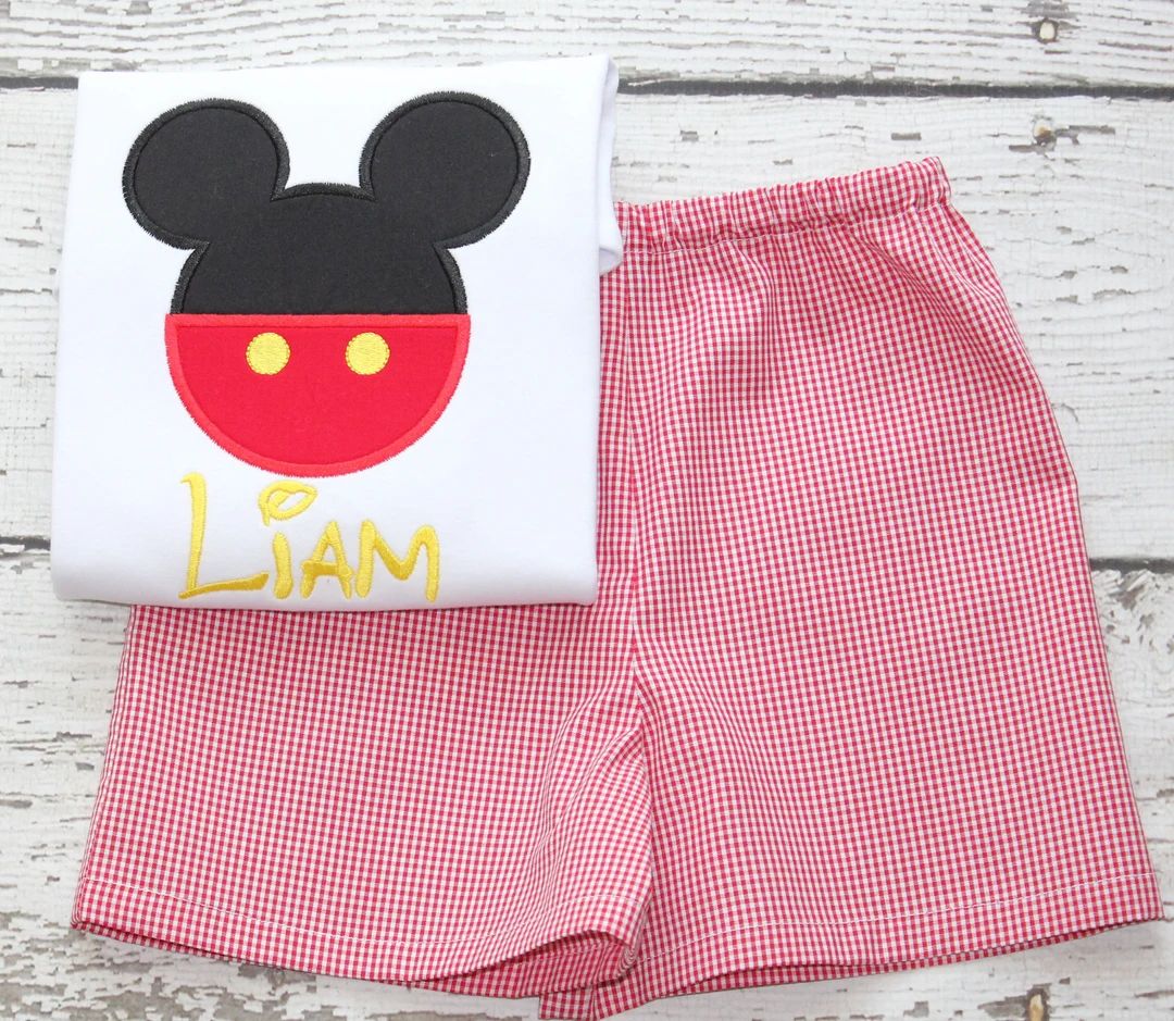 Monogrammed Mickey Shorts Set, Red Gingham Mickey Outfit, Disney Monogrammed Mickey Shirt, Mickey... | Etsy (US)