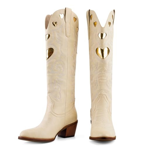 POYOIOR Beige Cowgirl Western Boots for Women Heart Pattern Classic Embroidered Vintage Tall Booties Round Toe Chunky Stacked Heel Cowboy Boot Pull on 2025 Fall Winter Size 9 | Amazon (US)