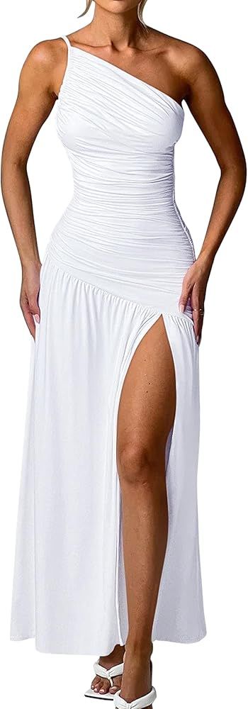 Memoriesea Women's Sexy One Shoulder High Split Ruched Cocktail Party Formal Maxi Dress | Amazon (US)