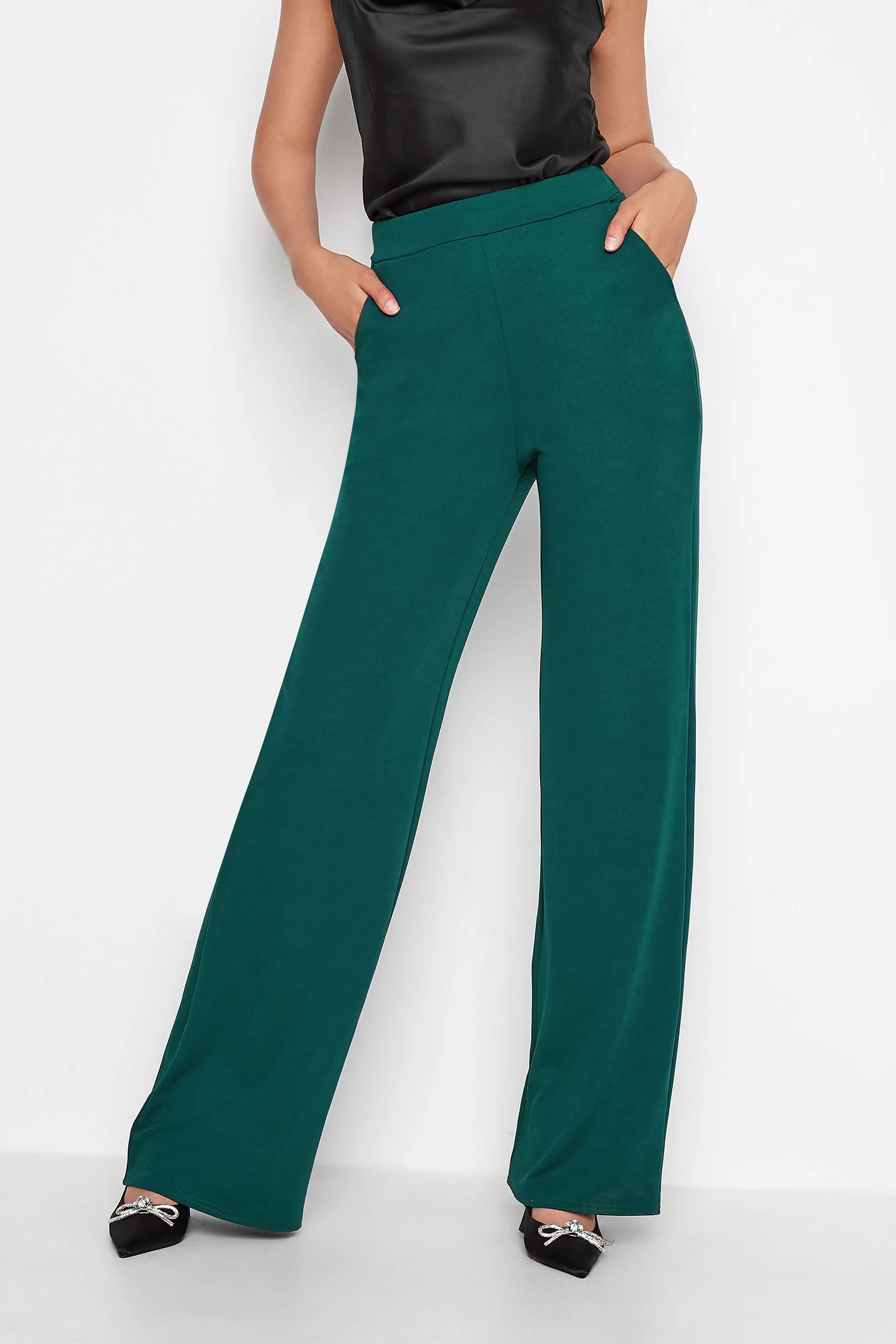 LTS Tall Forest Green Stretch Scuba Wide Leg Trousers | Long Tall Sally