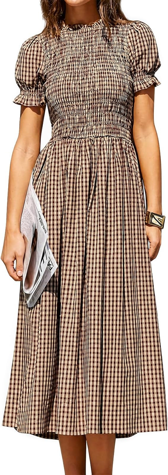 RIHOAS Plaid Gingham Midi Dress Short Sleeve Smocked Dresses for Women | Amazon (US)
