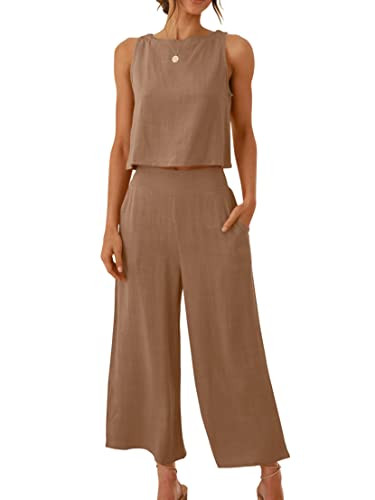 ANRABESS Women's Summer 2 Piece Outfits Sleeveless Crop Top Capri Wide Leg Pants Jumpsuit Casual Linen Lounge Matching Sets Beach Travel 2024 Trendy Clothes Light Brown XX-Large | Amazon (US)