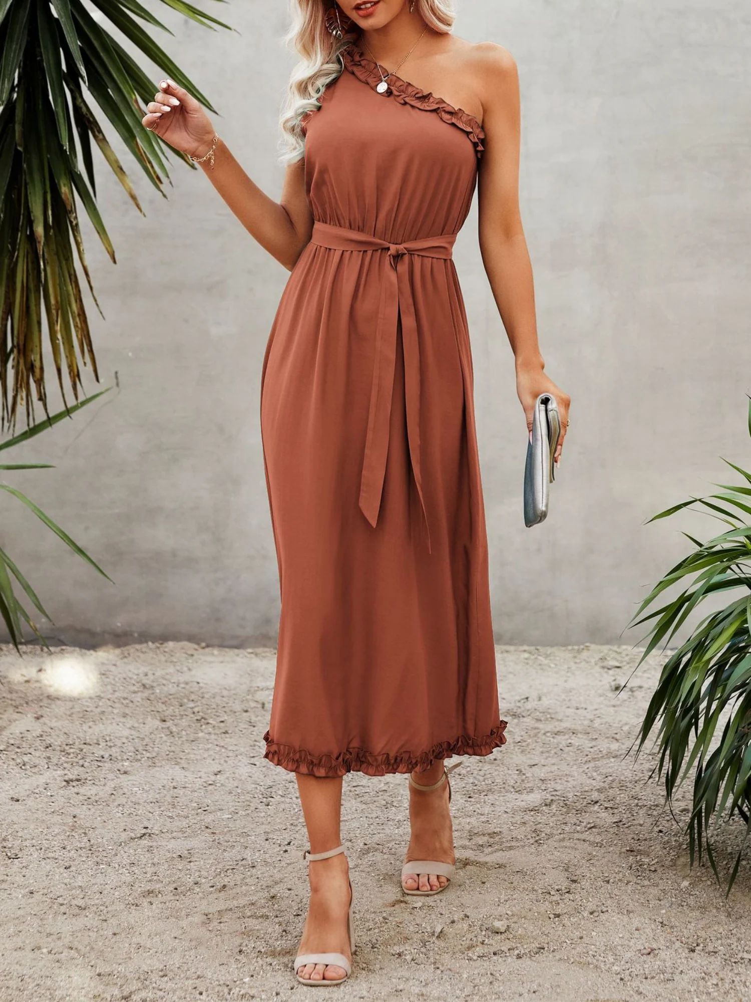 'Jacky'Ruffled Single Shoulder Belted Maxi Dress (5 Colors) | Goodnight Macaroon