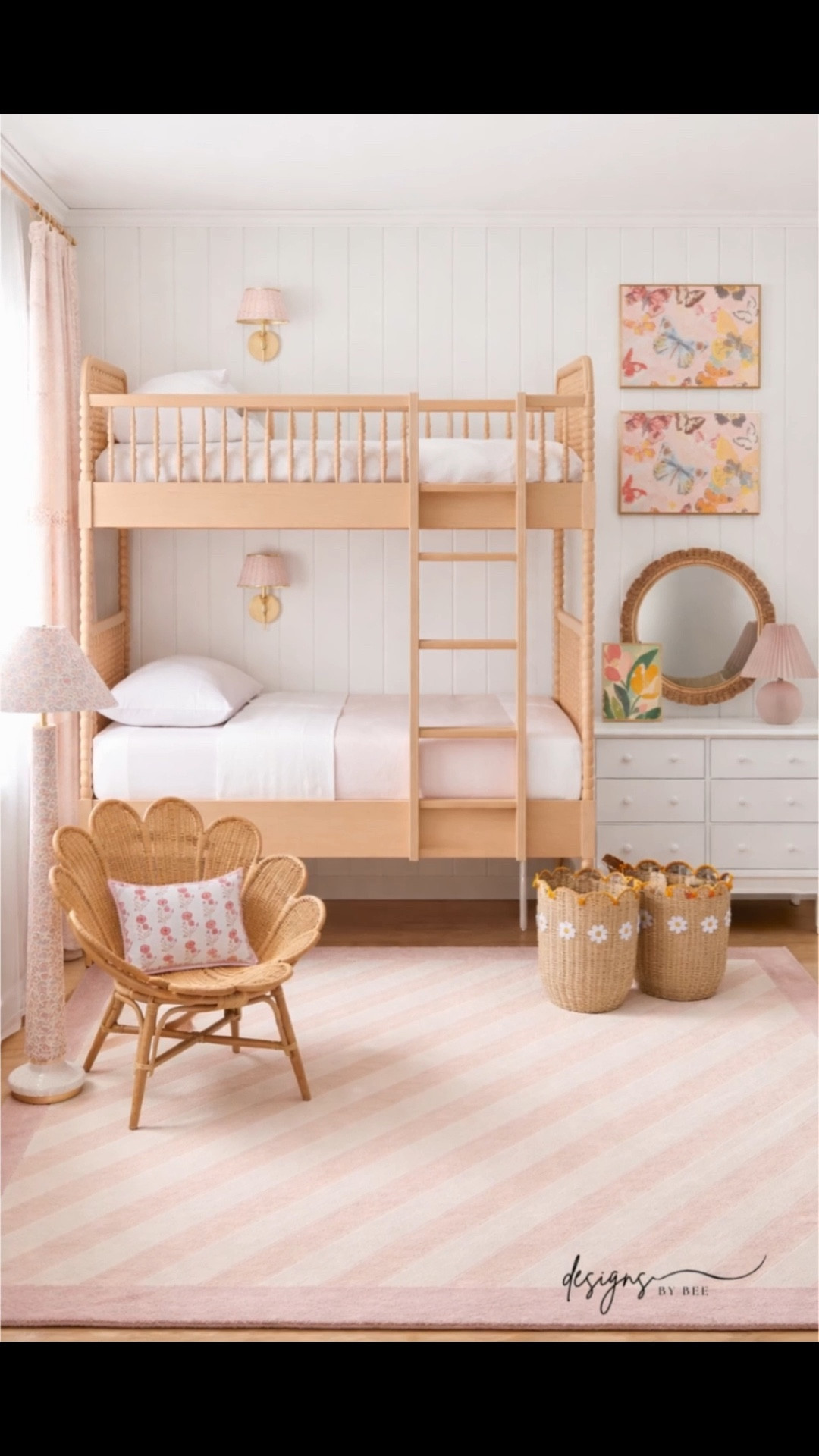 Girls Bedroom, Bunk Beds, Shared Girls Room, Rattan Flower Chair, Striped Rug, White Spindle Dresser, Daisy Baskets, Butterfly Wall Art, Pink Pleated Lamp, Floral Sconces, Grandmillennial Kids Room, Cottagecore Girls Room, Playful Kids Decor, Kids Room Inspo 

 #LTKHome #LTKBaby #LTKKids