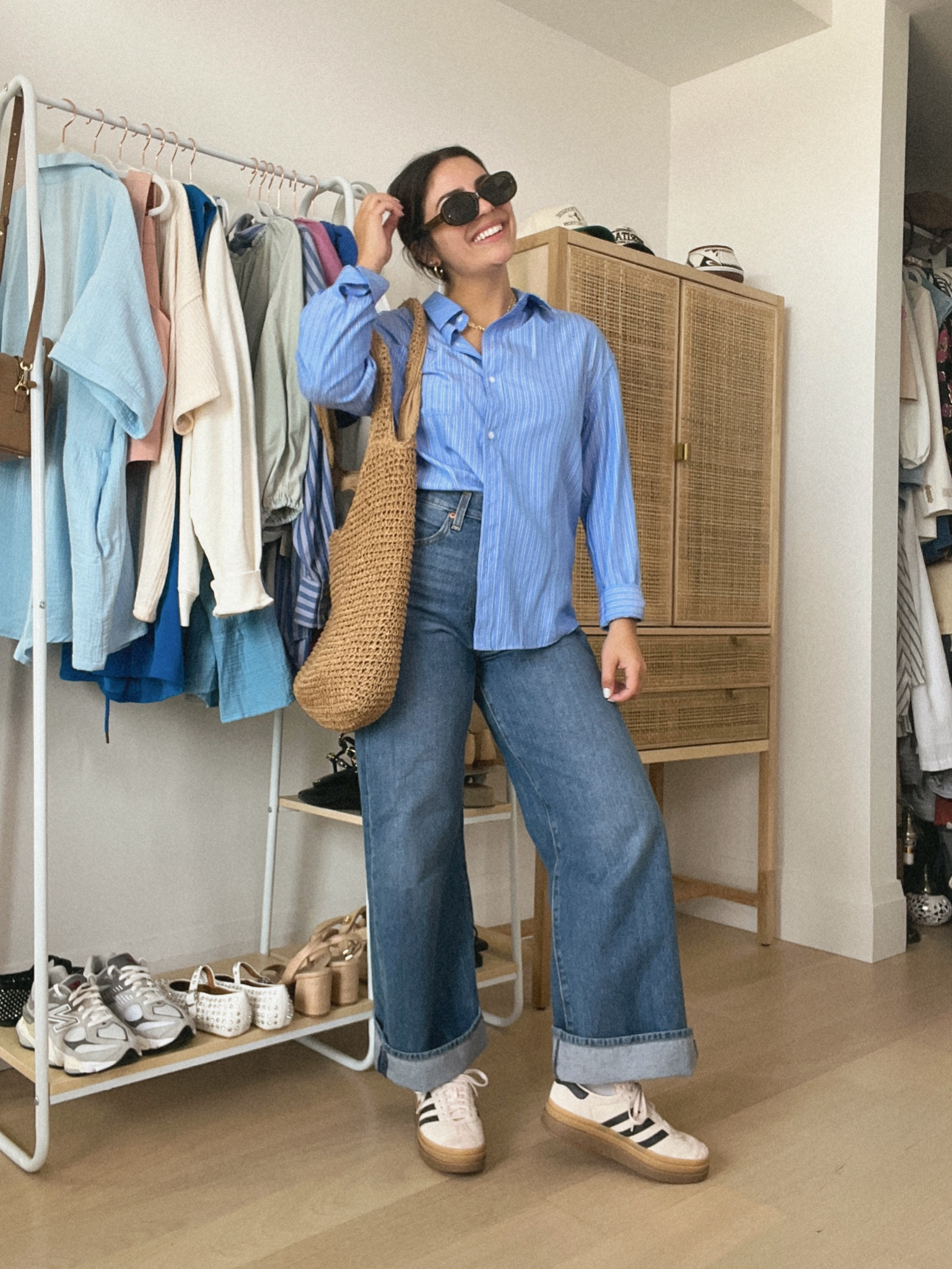 Amazon summer outfit idea - Love this simple outfit for cooler summer days! Jeans are a favorite of mine. They are rigid but not uncomfortable & are such a cute shape. Paired them with an oversized button down (this is one of the best I have - so lightweight) & my go-to sneakers + tote. Jeans + top true to size (M), adidas size down 1 full size (run really big)

#amazonfashion #amazonoutfit #amazon 

#LTKStyleTip #LTKSeasonal #LTKFindsUnder50