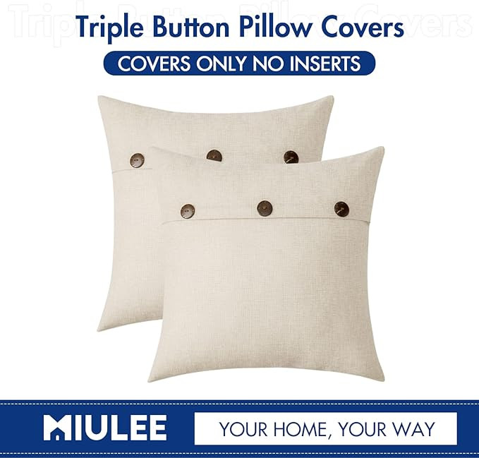 MIULEE Set of 2 Decorative Linen Throw Pillow Covers Cushion Case Triple Button Vintage Farmhouse... | Amazon (US)