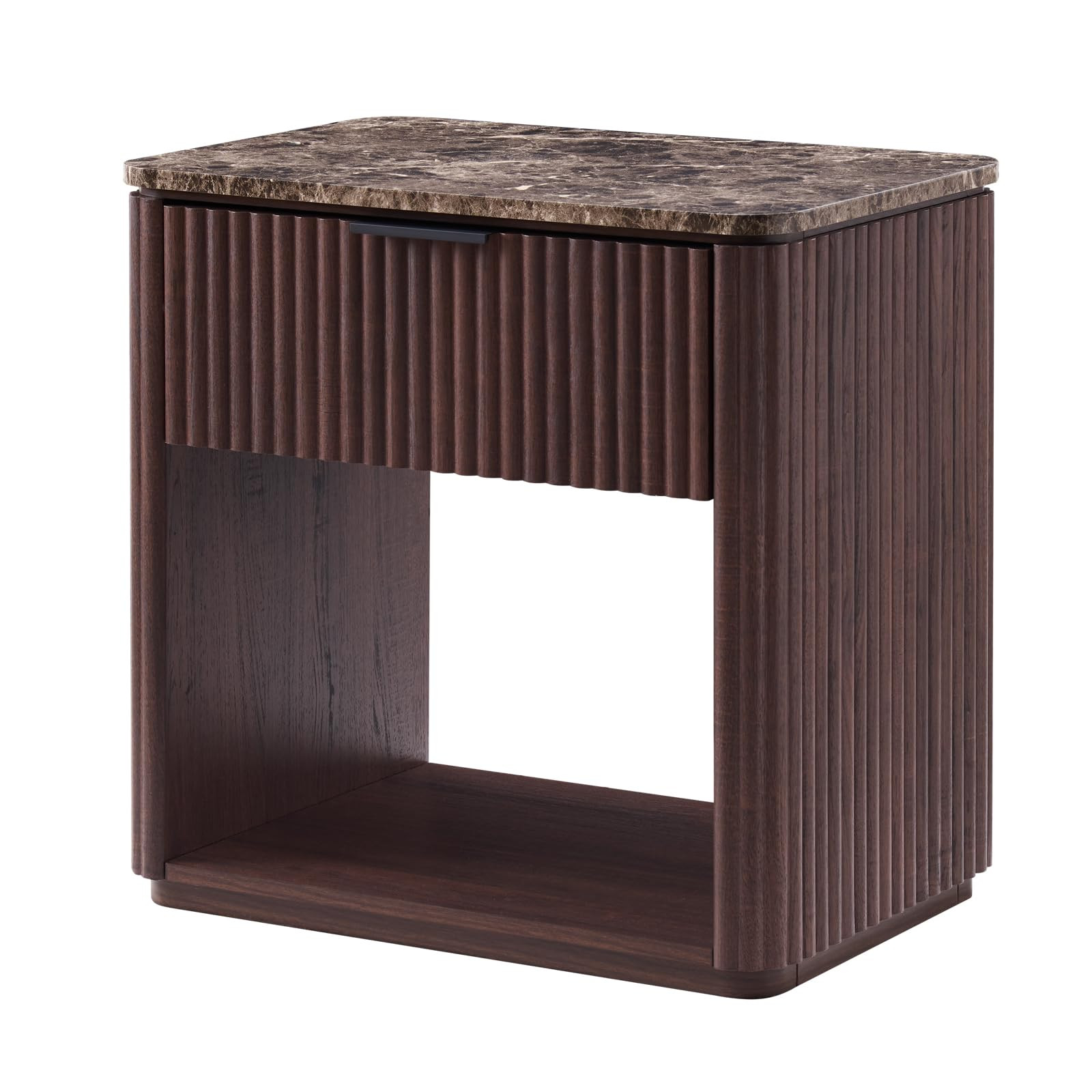 Fluted Night Stand, 23" W Nightstand with Drawer, Wood Bed Side Table with Faux Marble-Top, Curved Profile Design, Metal Handle, Modern Bedside Table for Bedroom, Living Room End Table, Dark Oak | Amazon (US)