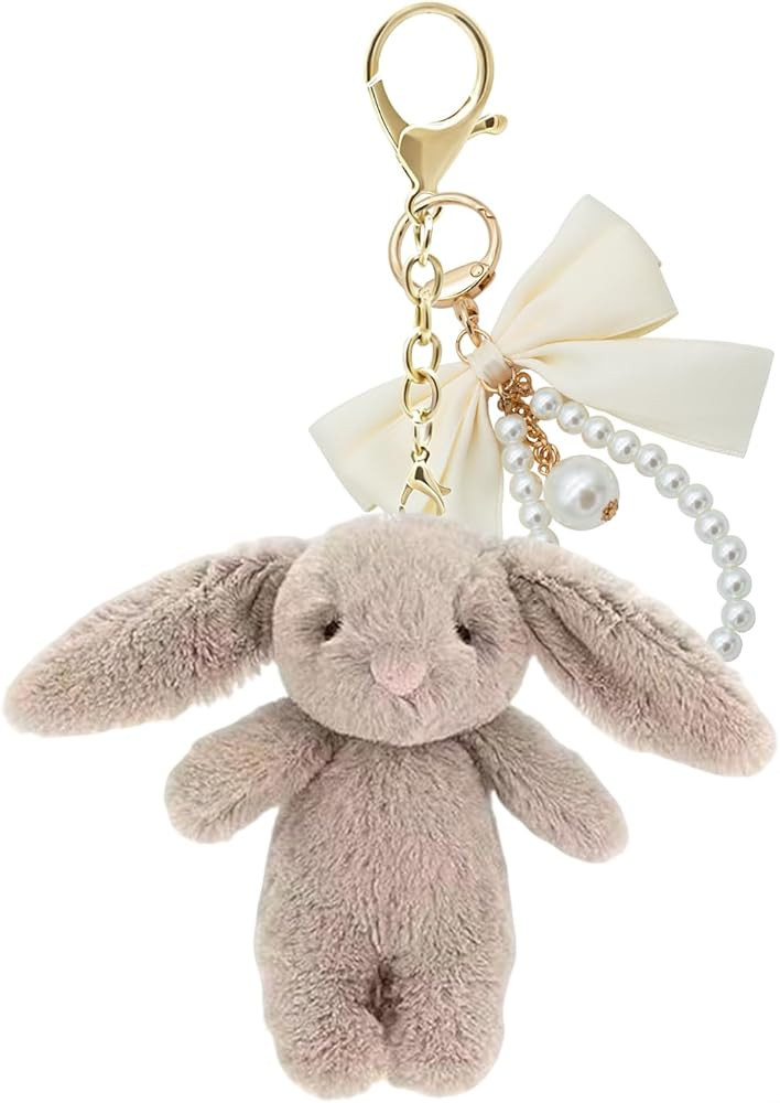 Plush Bunny Keychain with Bow Pearl Wristlet for Backpack, 3.5" Mini Rabbit Purse Charm Pendant G... | Amazon (US)