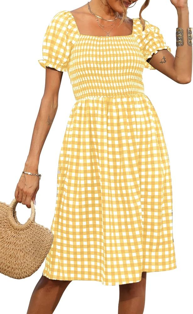 PRETTYGARDEN Plaid Dress for Women Short Puff Sleeve Square Neck Side Split Summer Midi Flowy Dresse | Amazon (US)