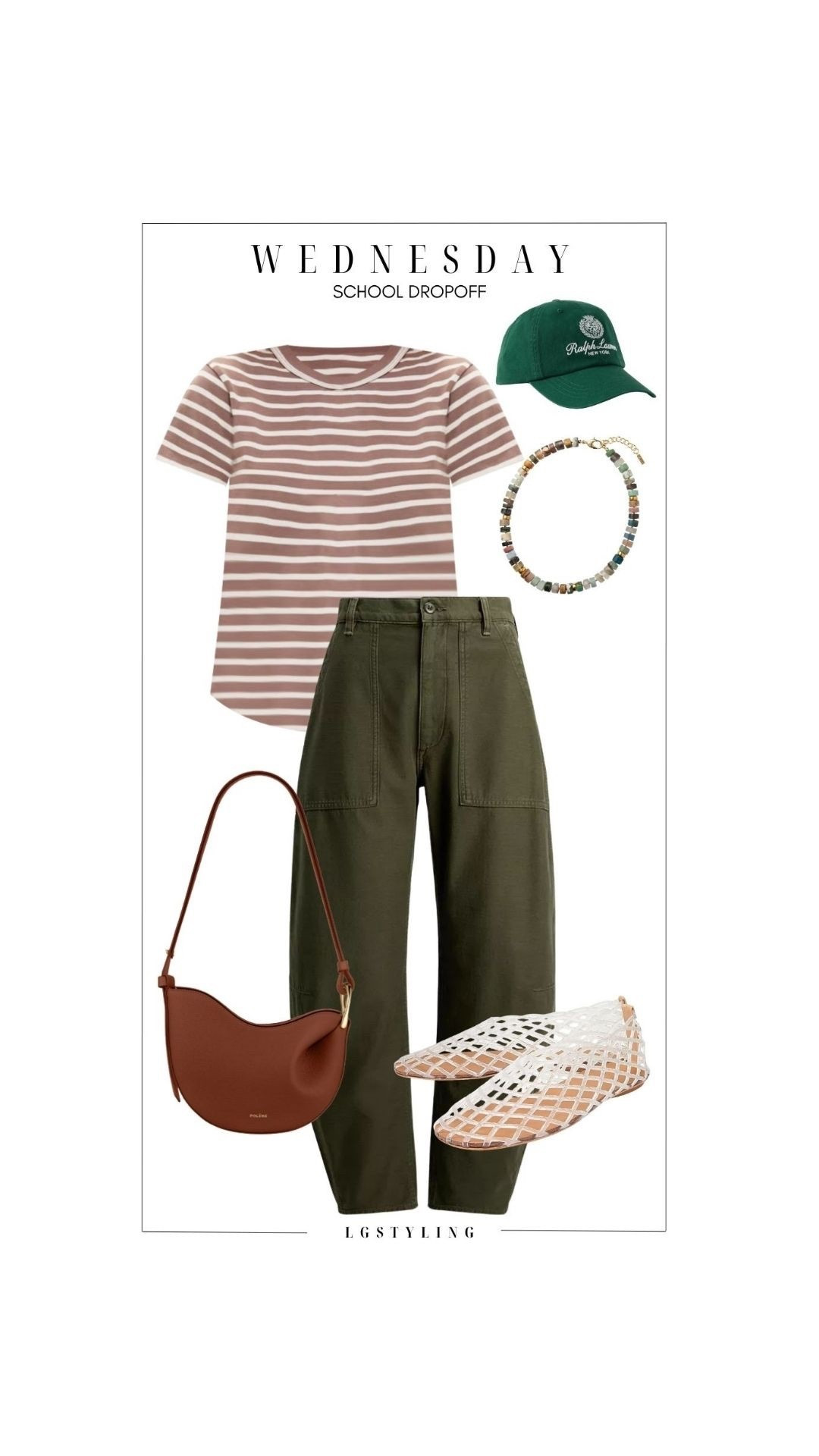 WEDNESDAY – School Drop-Off

Relaxed and functional with a styled edge. A striped tee tucked into utility-inspired olive pants creates structure, while woven flats and a rich brown shoulder bag add warmth. A baseball cap and beaded necklace keep it laid-back but intentional.
#LTKCasualStyle #MomStyle #EverydayOutfit #RelaxedStyle #SpringCasual #EffortlessStyle #LTKUnder100 #StyleOnTheGo #OutfitInspo

 

#LTKgrwm #LTKootd