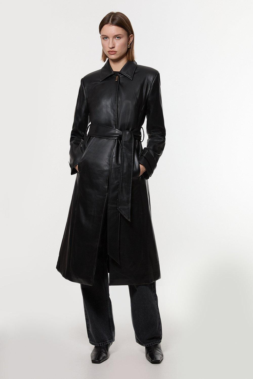 Faux Leather Clasp Detail Clean Tailored Trench Coat | Karen Millen | Karen Millen UK + IE + DE + NL