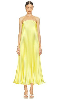SELEZZA LONDON Gianna Pleated Midi Dress in Tuscany Yellow from Revolve.com | Revolve Clothing (Global)
