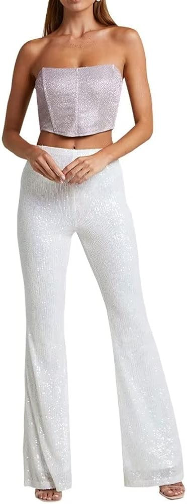 Womens Sequin Flare Pants Casual High Waist Glitter Wide Leg Bell Bottom Leggings | Amazon (US)
