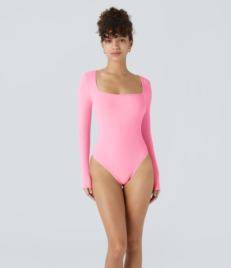 Women’s Ribbed Knit Square Neck Long Sleeve Button Skinny Work Bodysuit - Halara | HALARA