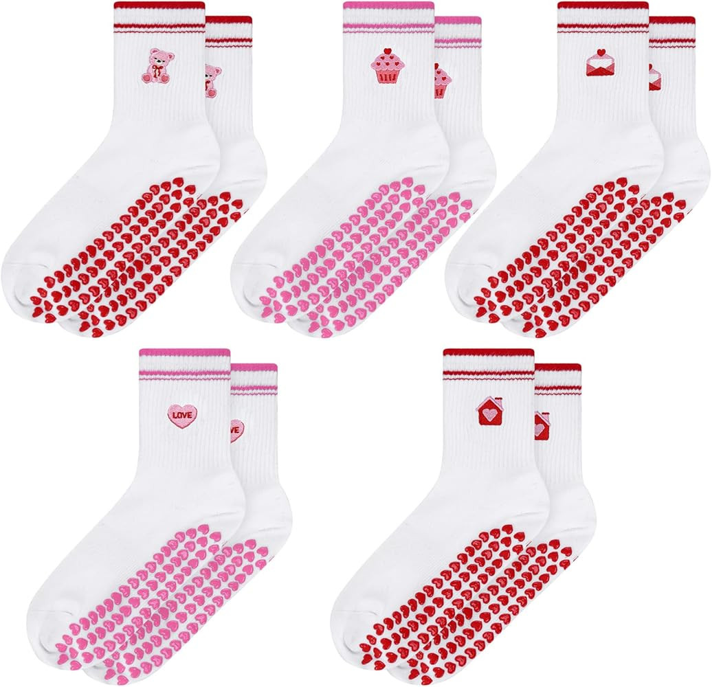 Mepase 5 Pairs Valentines Cute Grip Pilates Sock for Women Cotton Yoga Non Slip Gripper Sock for ... | Amazon (US)